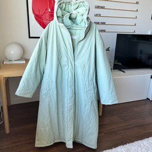 Pale Blue Green Long Rubberized Puffer Rain Snow Coat